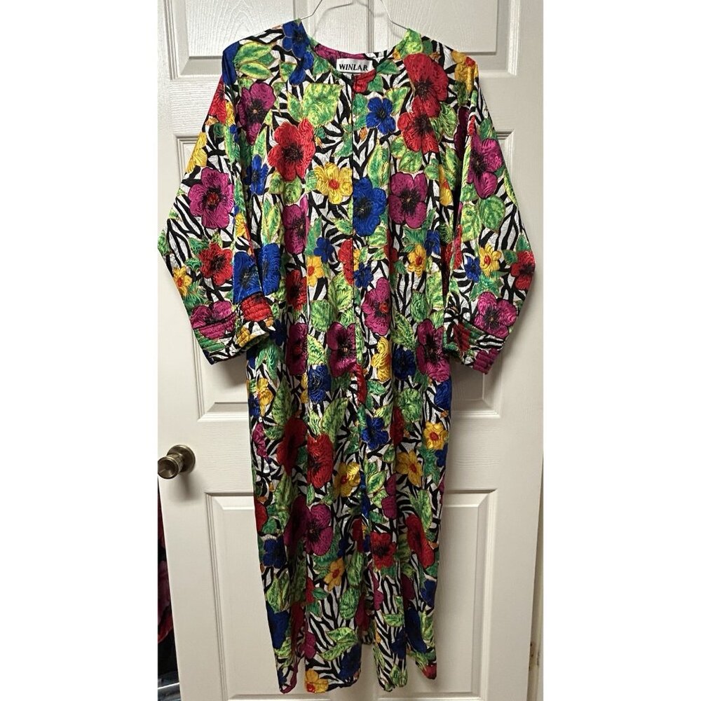 Winlair Sz L MUUMUU Bright Multicolor Neon Maxi Dress Caftan w/ Pockets 1/4 Zip - Picture 1 of 6